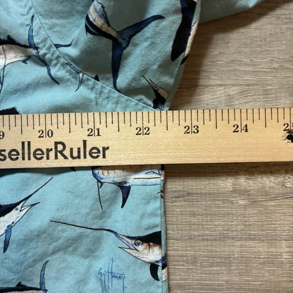 Guy Harvey AFTCO Marlin Swordfish All Over Print Blue Camp Shirt Men's Medium - Picture 5 of 7